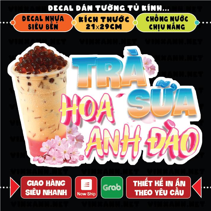 Decal Trà sữa hoa anh đào trang trí quán nước tường, tủ kính bền đẹp chống nước cắt sẵn khổ A4