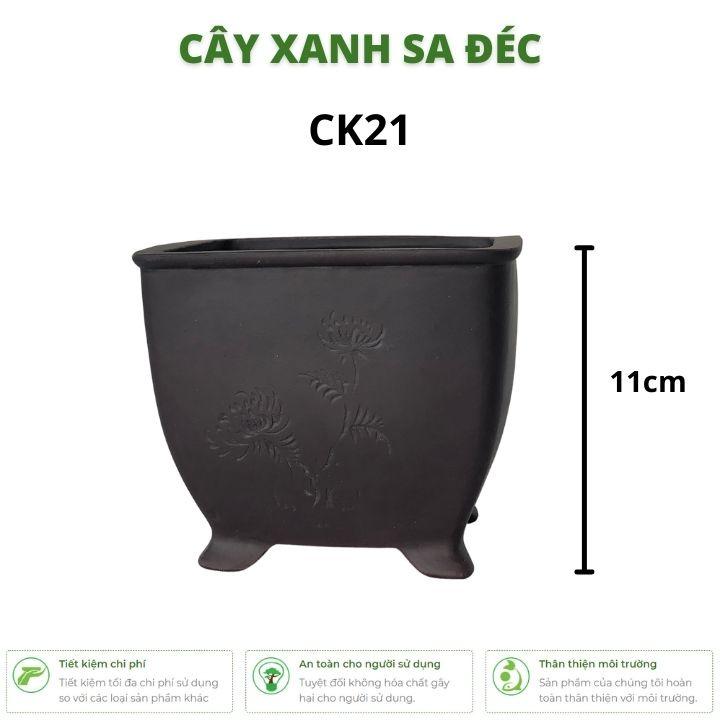 Chậu vuông mini CK21 hoa văn hoa cúc và cành trúc màu đen nhám kích thước 11 x 13 cm
