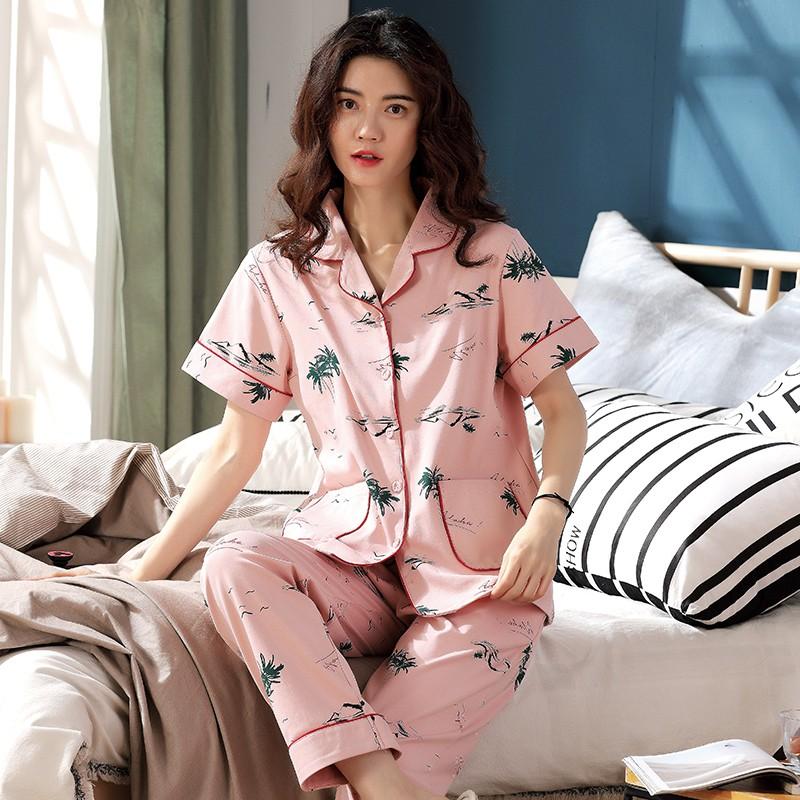 Đồ bộ cao cấp Pijama quần dài áo cộc, màu hồng tôn da, chất liệu cotton 100% thoáng mát