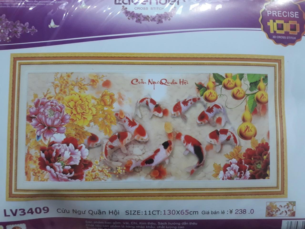 Tranh thêu chữ thập cá chép hoa mẫu đơn LV3409 - 130 x 65 cm - chưa thêu