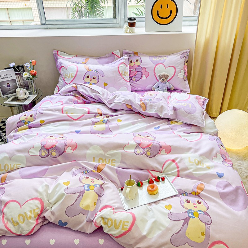Bộ chăn ga gối poly new : thỏ tim tím 4 món Polycotton