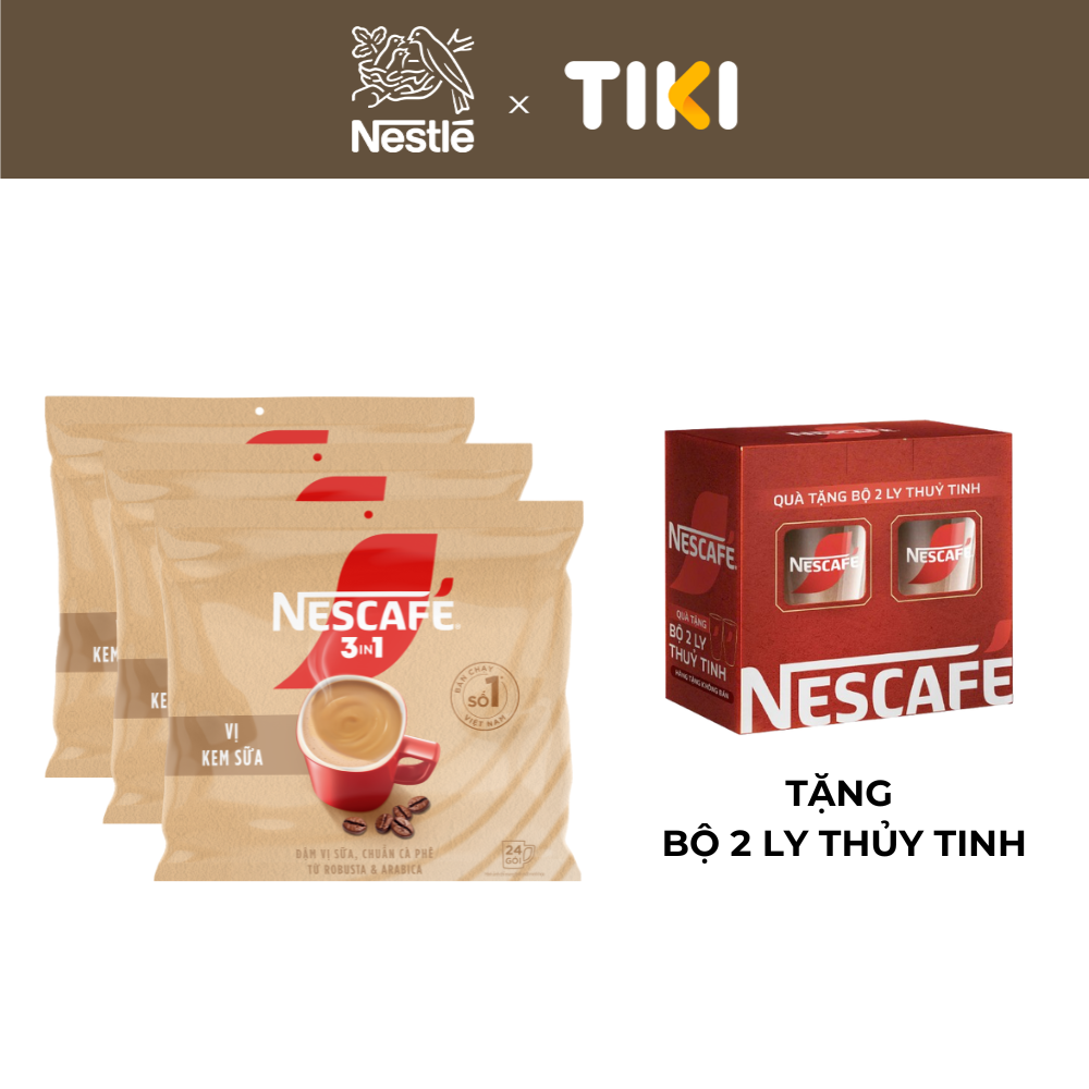 [Tặng Set 2 ly thủy tinh cao cấp] Combo 3 Bịch Cà phê hòa tan NESCAFÉ 3IN1 VỊ KEM SỮA 20 gói ĐẬM VỊ SỮA, CHUẨN CÀ PHÊ