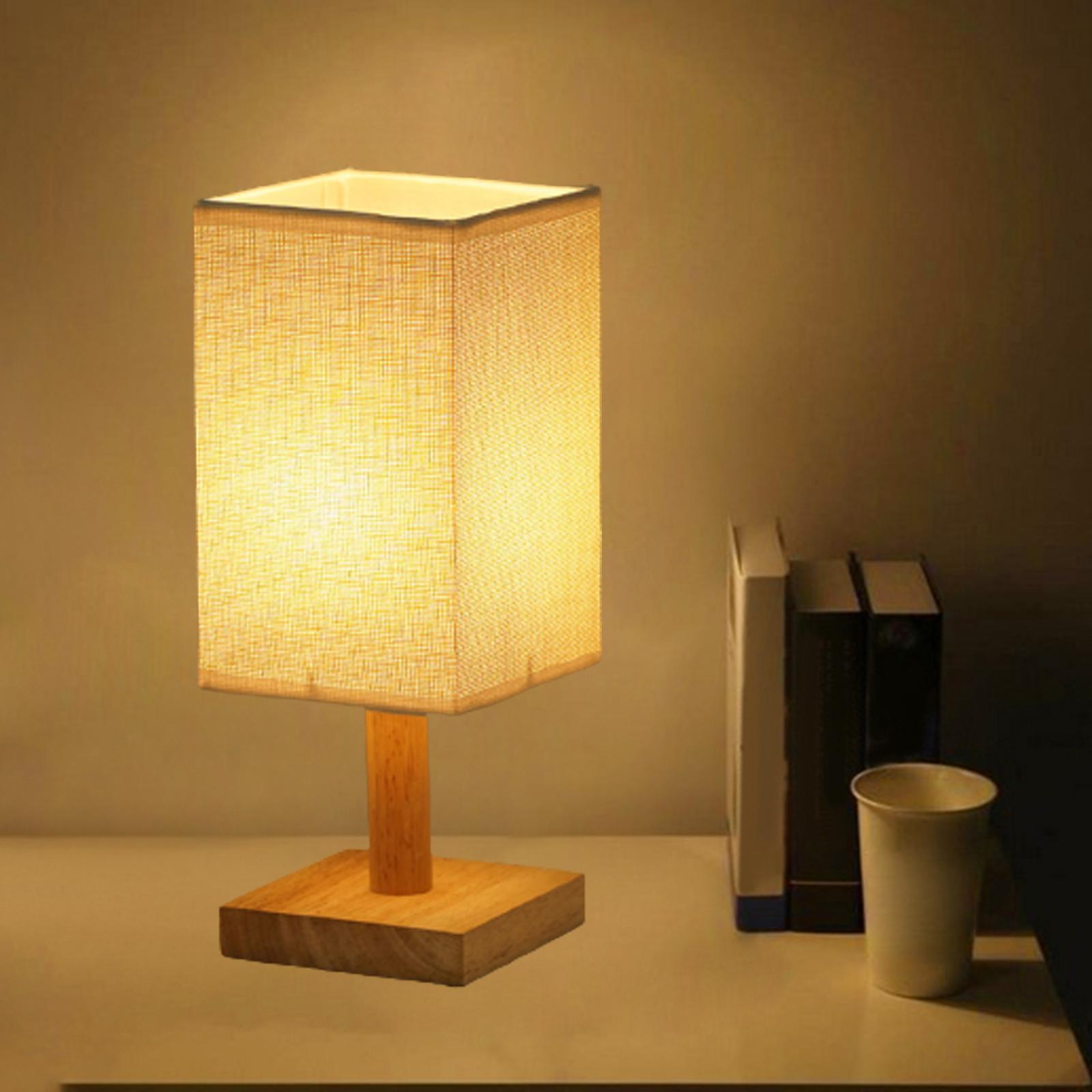 Bedside Table Lamp Decorative with Flaxen Fabric Shade Wood Base Warm White