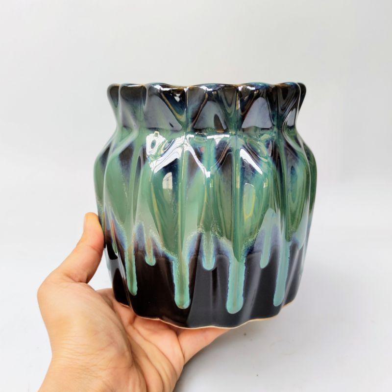 Chậu trồng cây hình giỏ cua, chậu múi trồng cây cảnh men hỏa biến, gốm sứ Bát Tràng cao cấp, phù hợp trồng cây văn phòng