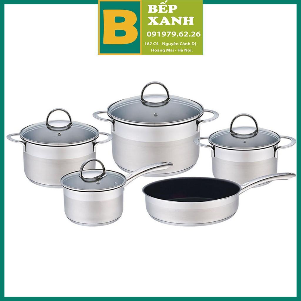 Bộ nồi inox Bauer Polite Plus vung kính dành cho bếp từ Gồm có 4 nồi (16cm, 18cm, 20cm, 24cm) và 1 chảo: 24cm hàng chính hãng