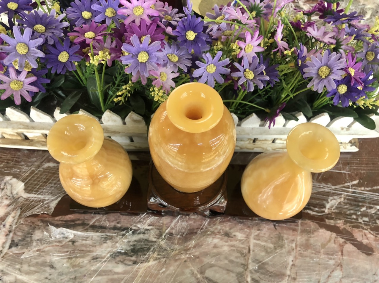 Bộ 3 bình phong thuỷ đá ngọc hoàng long đá ngọc hoàng long - Cao 14 cm