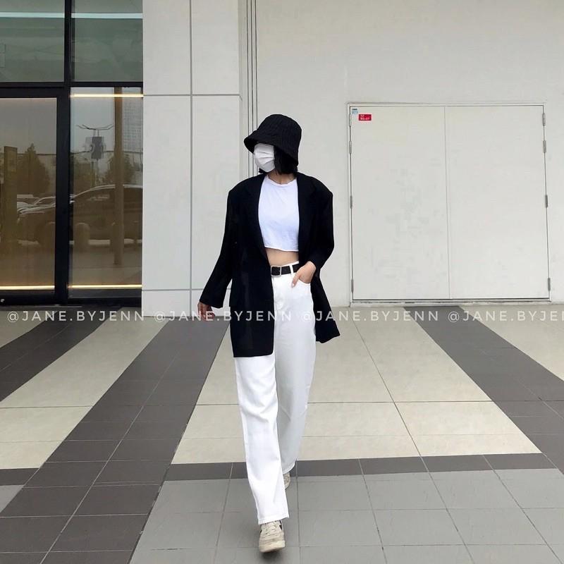 Quần jean trắng ống suông rộng cạp cao