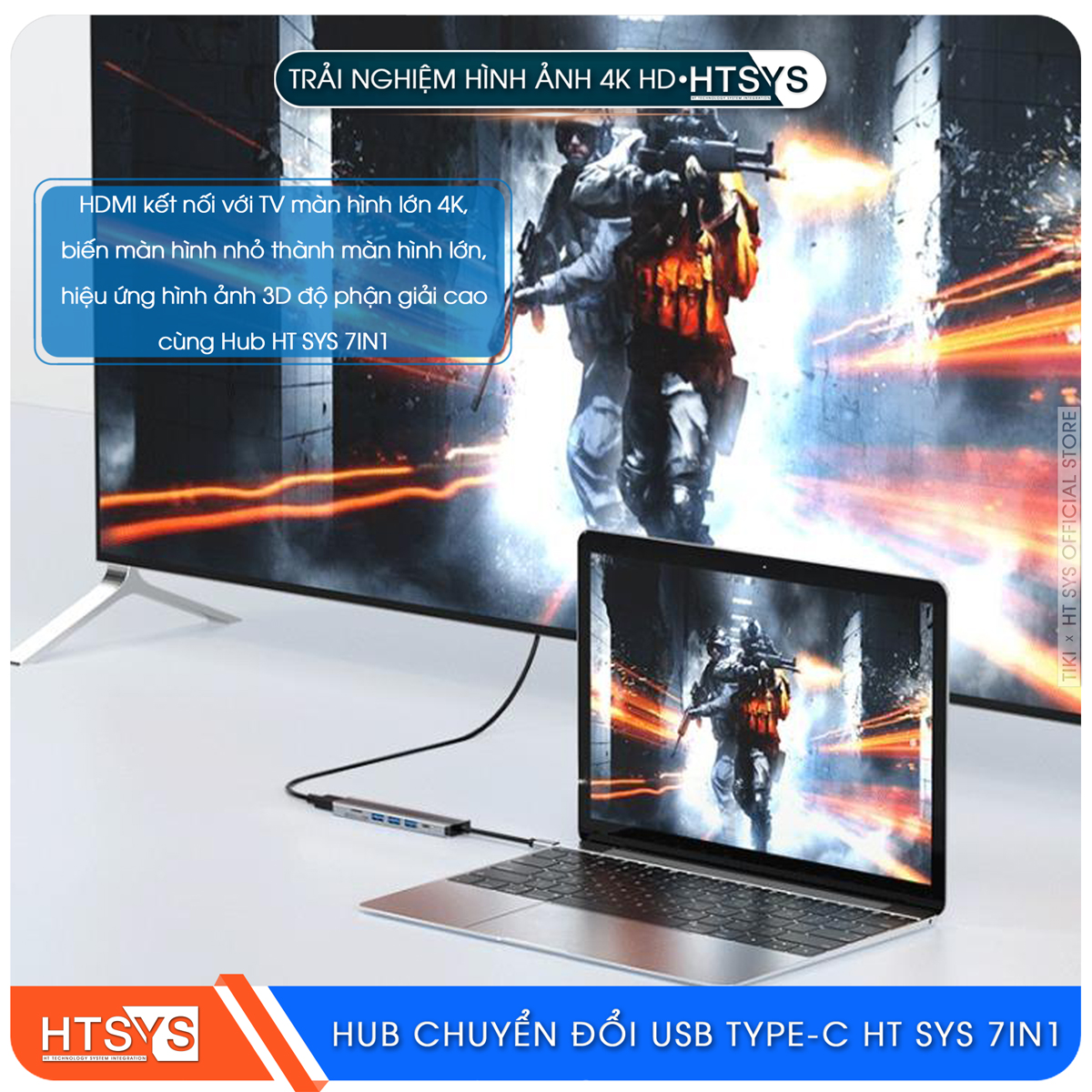 Hub Chuyển Đổi USB Type C HT SYS 7 in 1 To HDMI, USB 3.0, SD, TF, USB C, PD 100W - Hàng Chính Hãng