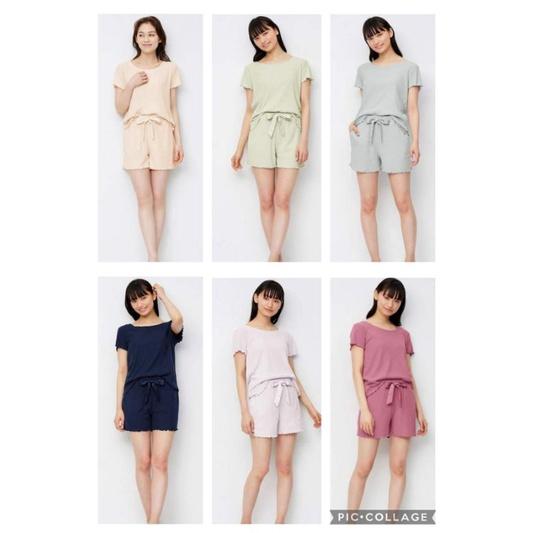 Nữ - Bộ mặc nhà áo ngắn tay quần cộc chất thun tăm mềm mại nơ eo - Waist Ribbon Rib Lounge Set