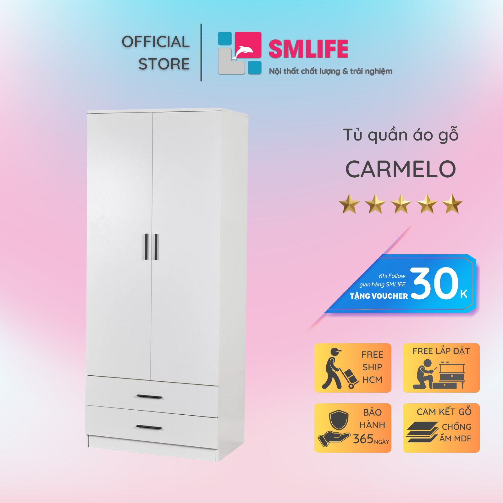 Tủ quần áo 2 cánh SMLIFE Carmelo