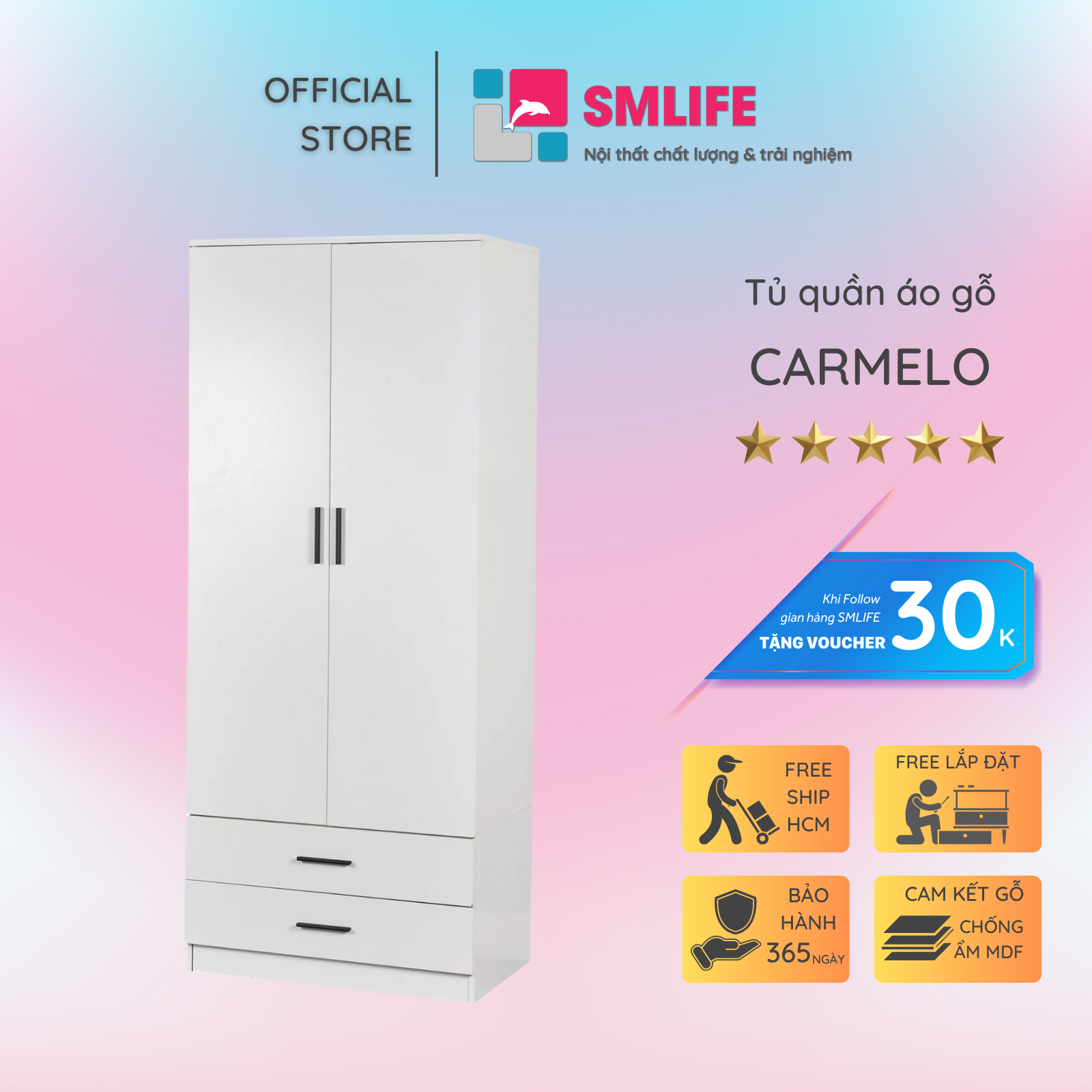 Tủ quần áo gỗ hiện đại SMLIFE Carmelo | Gỗ MDF dày 17mm chống ẩm | D80xR50xC180cm