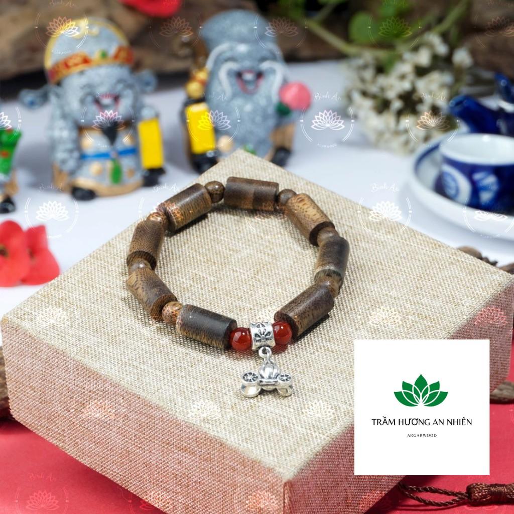 Vòng Tay Trầm Hương Tốc Tự Nhiên Mix Charm B.ạ.c Hình Trụ - Vòng Tay Phong Thủy 8ly 10ly 12l