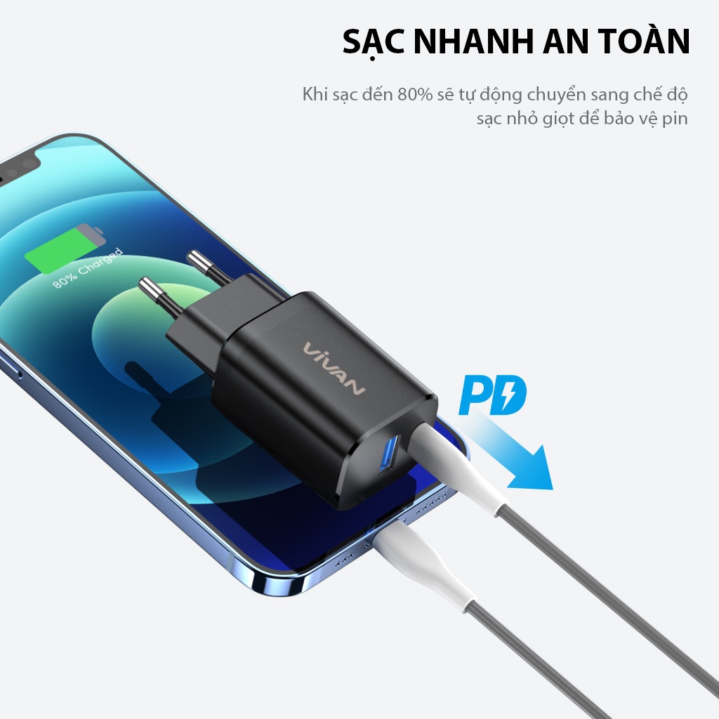 Cốc Sạc Nhanh VIVAN Power Super 30 Công Suất 30W 2 Cổng USB &amp; Type-C Sạc Nhanh Chuẩn QC 3.0 PD Kèm cáp Type-C - Hàng Chính Hãng