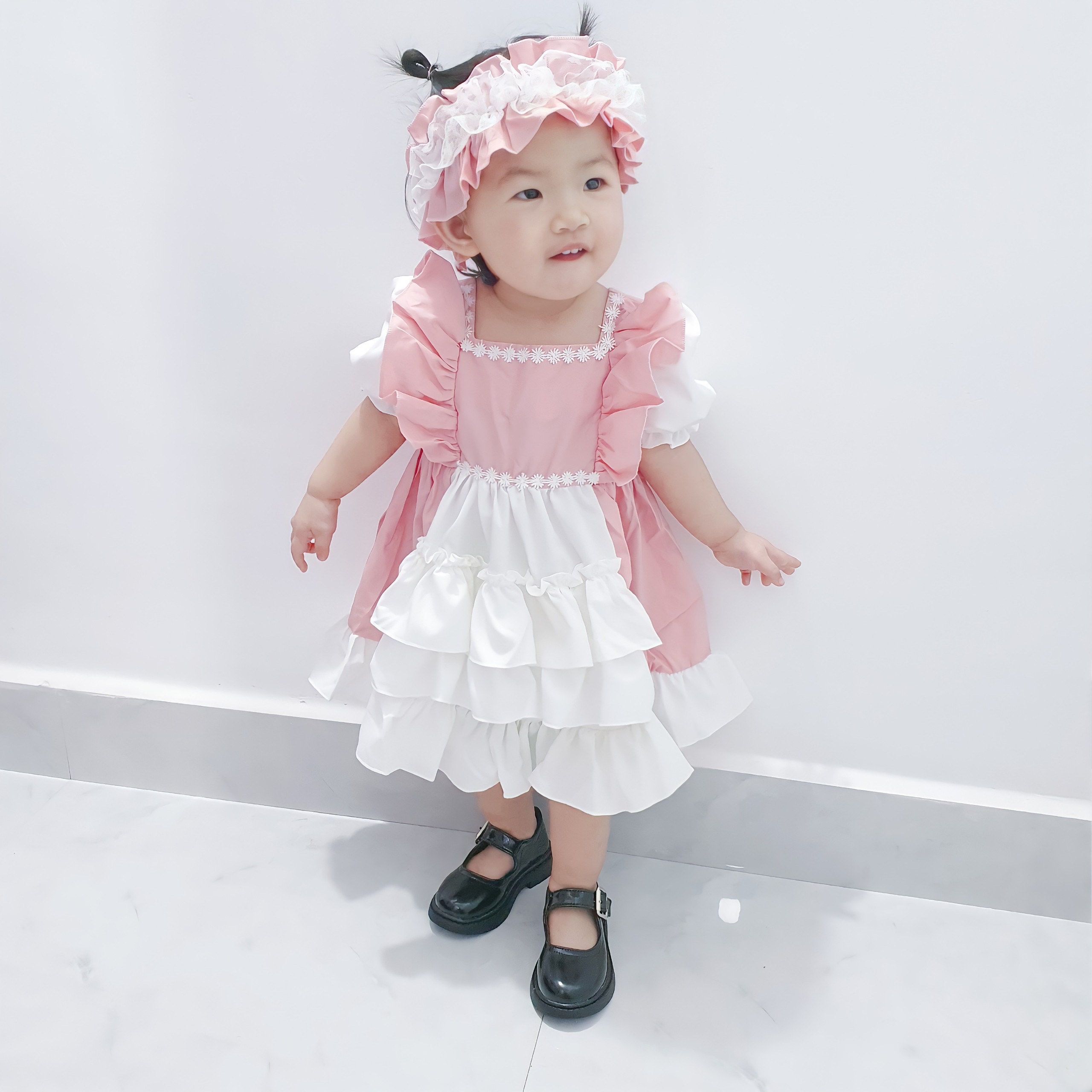 Váy Lolita bèo hồng bé gái 4 đến 17kg, Đầm bé gái chất lụa nến mềm mát