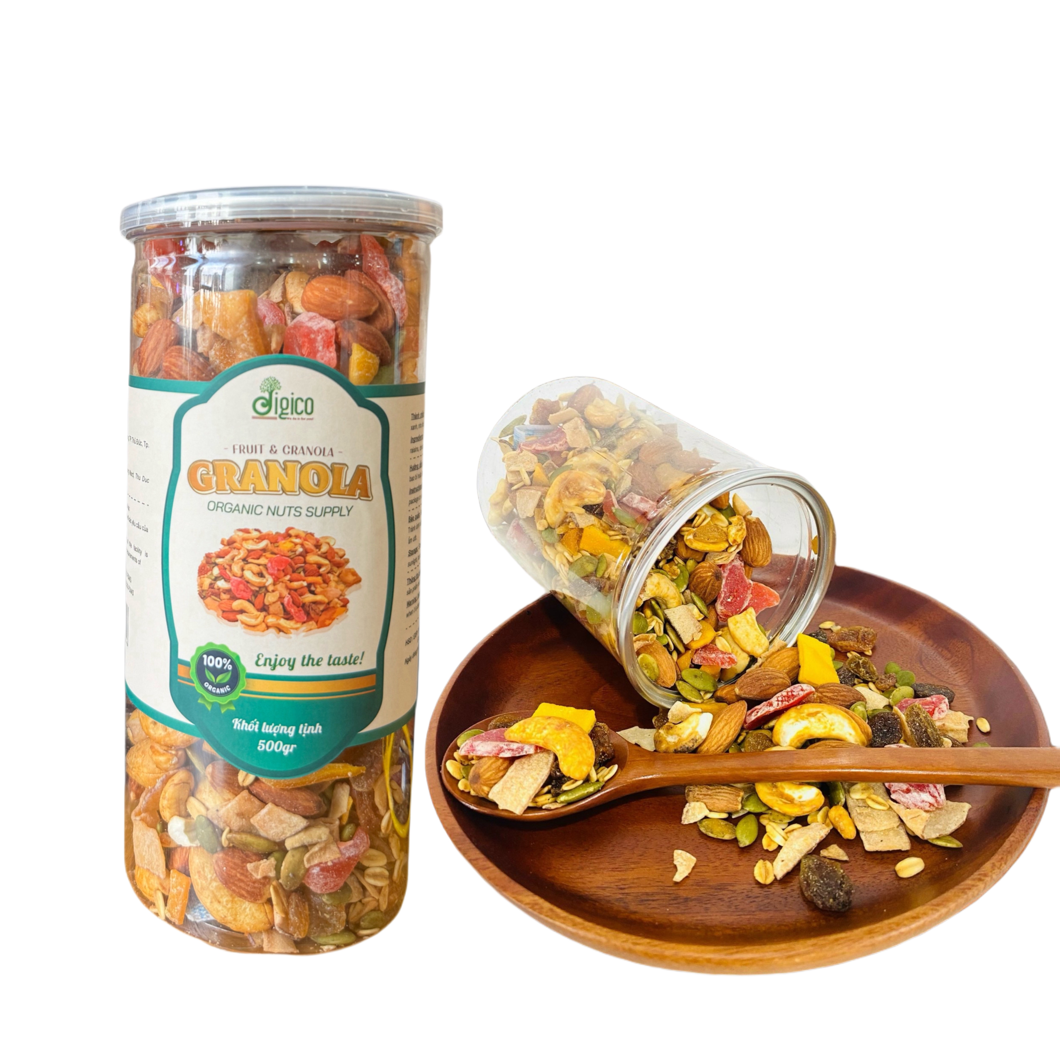 Ngũ cốc hạt granola với thành phần siêu hạt dinh dưỡng nướng mật ong và trái cây sấy, sản phẩm không đường, phù hợp mọi lứa tuổi - hộp 500gr