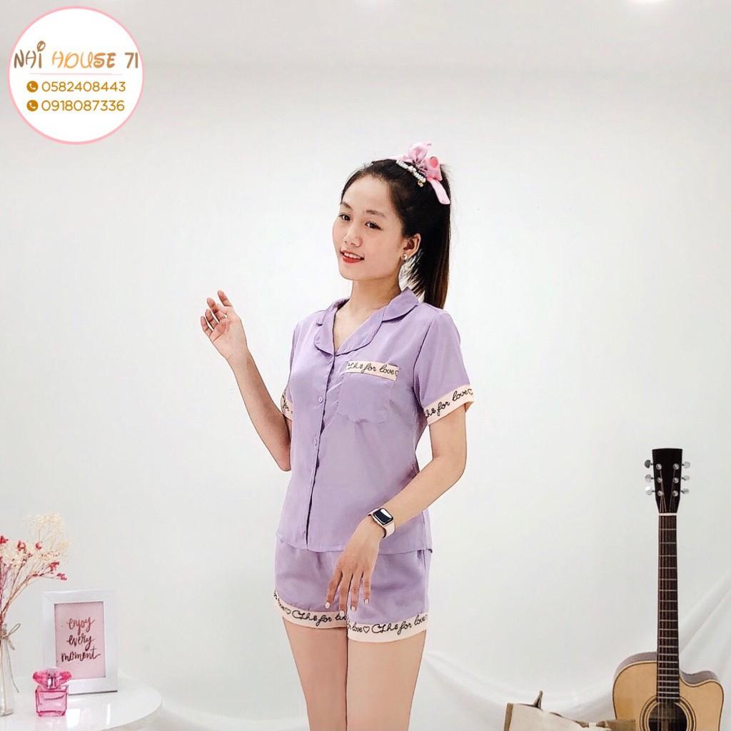 Bộ Mặc Nhà Nữ NHIHOUSE71 Pizama Lụa Quần Ngắn Tay Ngắn Phối Nẹp In Chữ