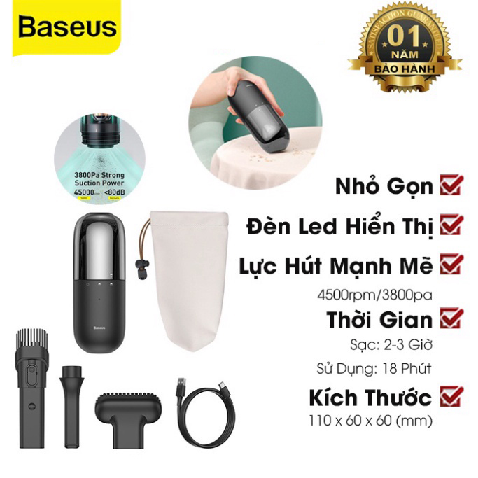 Máy hút bụi mini cầm tay Baseus C1 Capsule Vacuum Cleaner (45W, Pin sạc, 3800Pa ) - Hàng Chính Hãng