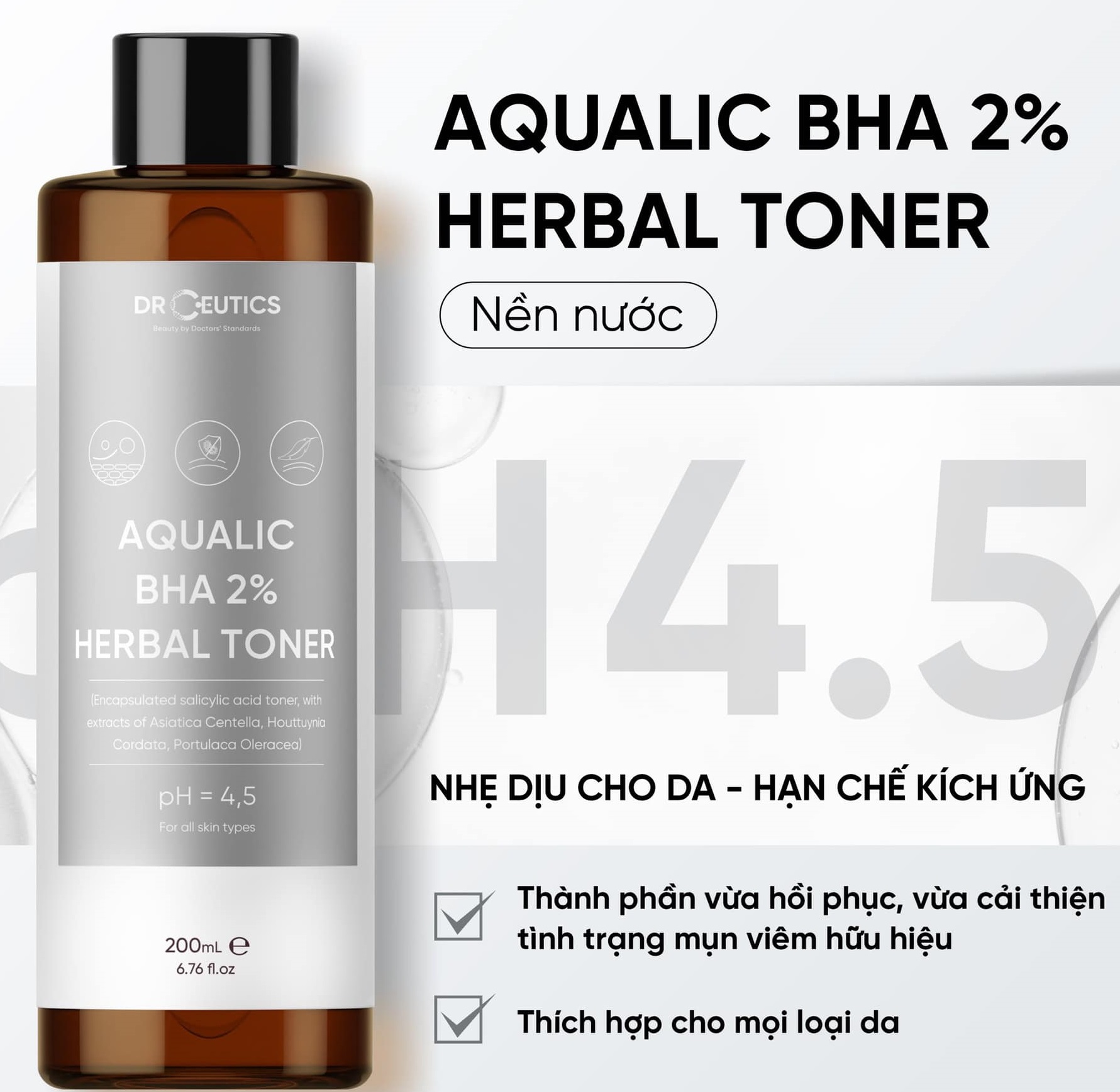 Toner Cân Bằng Da DrCeutics Aqualic BHA 2% Herbal Toner 200ml- Nền nước