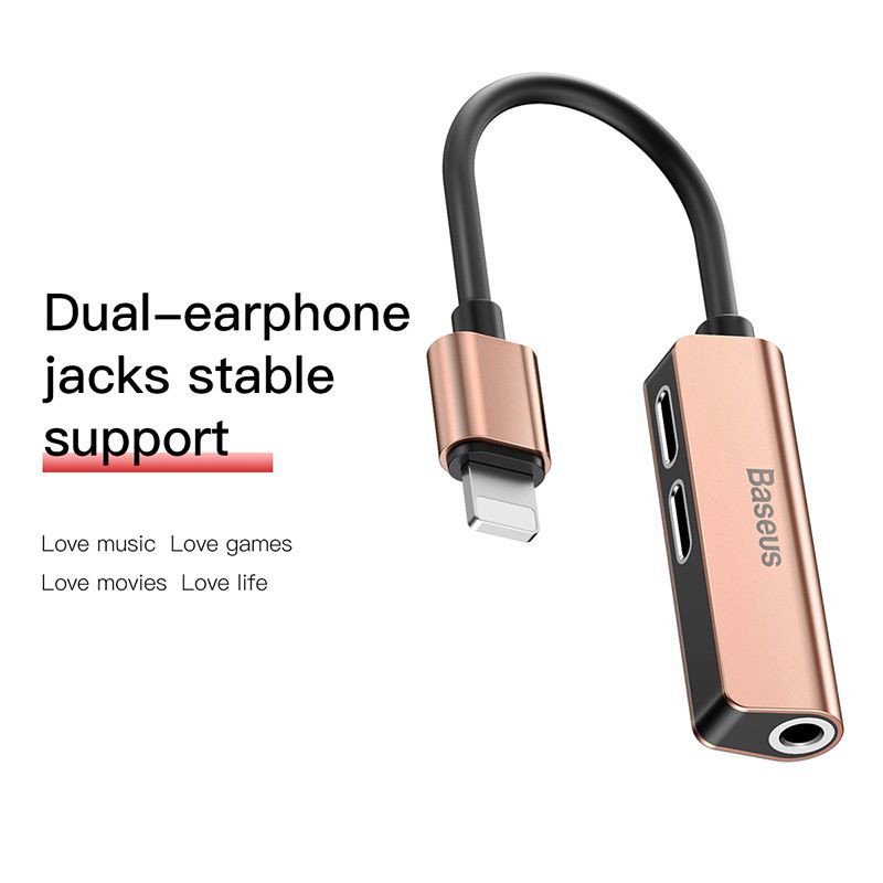 Đầu sạc Adapter 3 in 1 Baseus chia cổng iPhone thành 2 cổng iPhone và 1 cổng tai nghe AUX 3.5mm - Hàng chính hãng