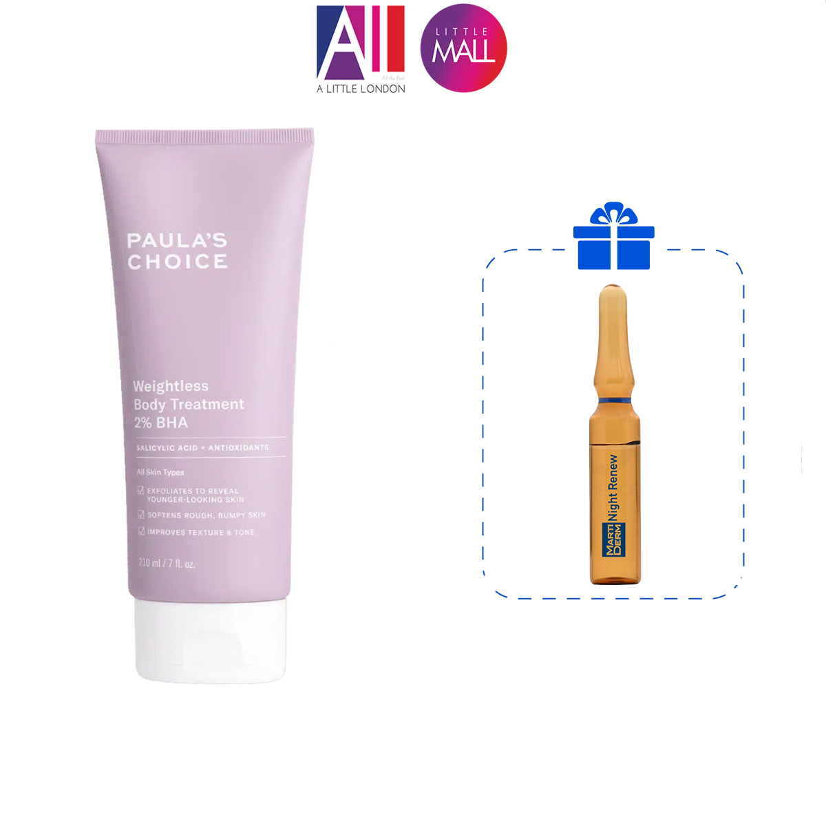 Kem dưỡng thể chứa 2% BHA Paula's Choice weightless body treatment 2% BHA TẶNG Ampoule chống lão hóa Martiderm (Nhập khẩu)