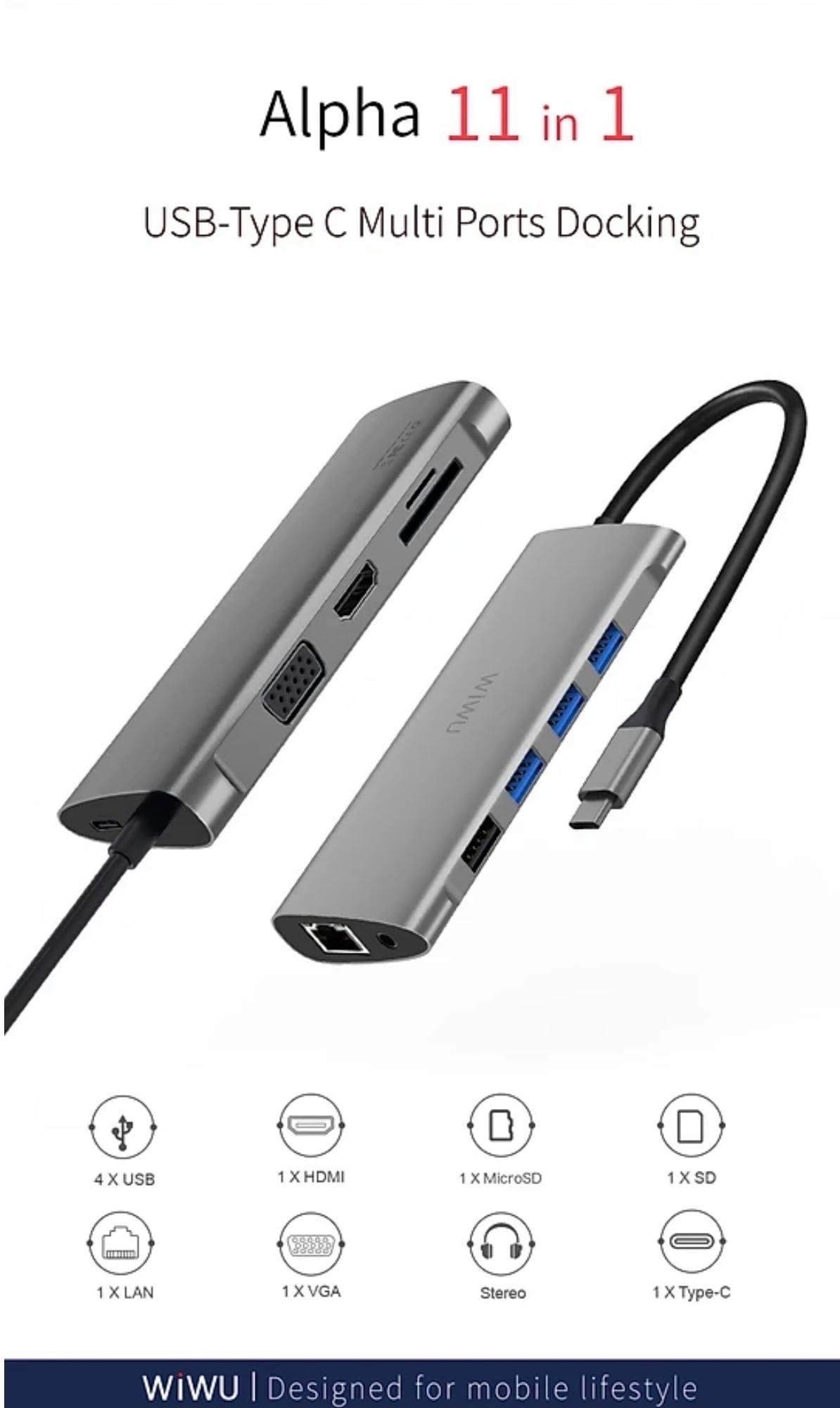 Hub Chuyển Đa Năng WIWU Alpha 11 In 1 USB-C A11 Đầu Ra HDMI 4K, Hỗ Trợ Sạc PD - Hàng Chính Hãng