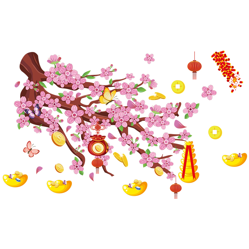 Decal dán tường ngày tết Hoa Mai, Hoa Đào Sticker Decal Trang Trí Tết