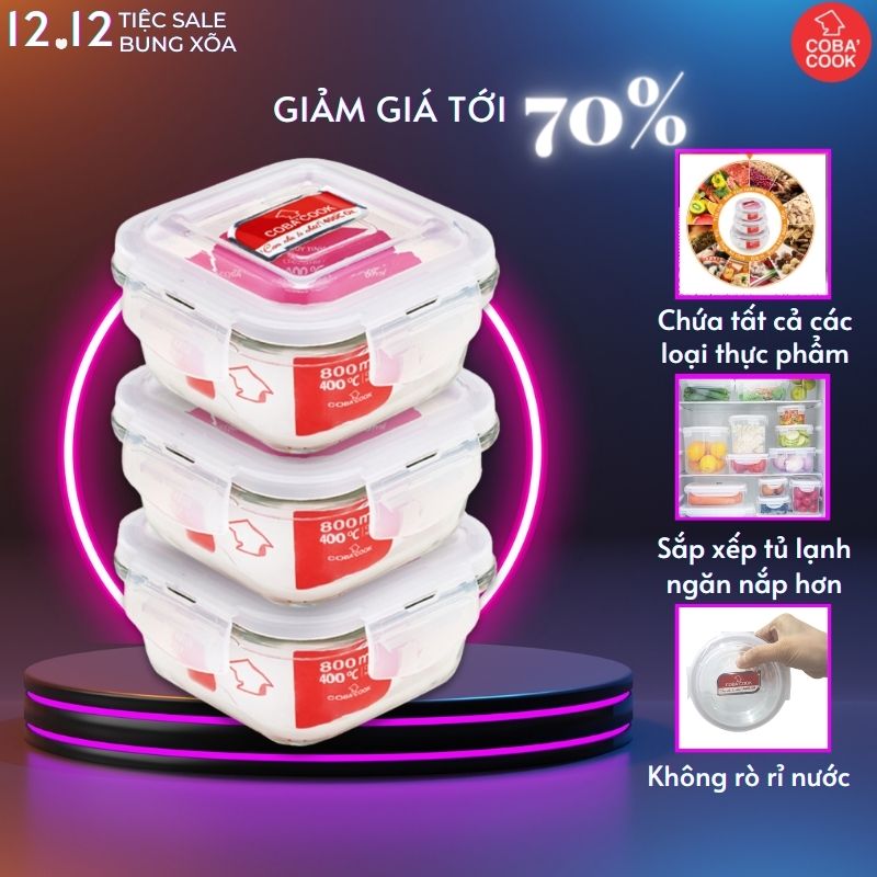 Bộ 3 hộp thủy tinh trữ thức ăn thực phẩm đựng cơm chịu nhiệt COBACOOK hộp hình vuông dung tích 800ml- CCS83