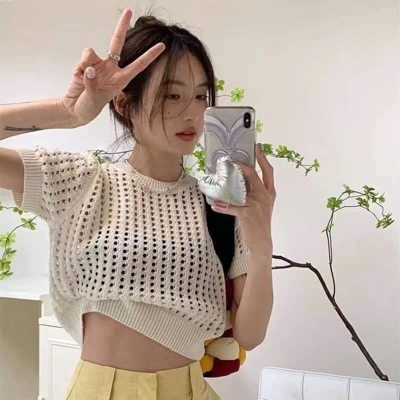 Áo len mongtoghi lỗ cộc tay cổ tròn trơn cho nữ hàng QC