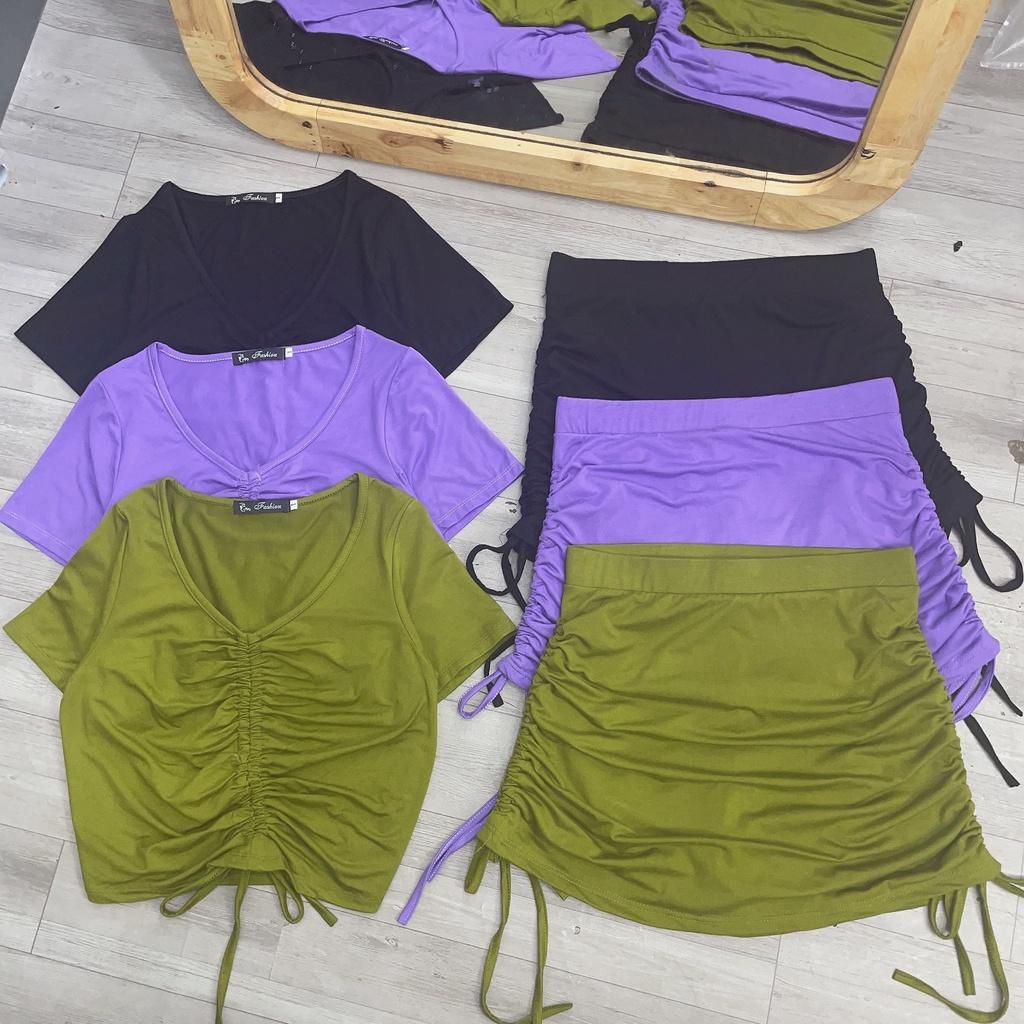 Set Áo thun croptop bigsize và chân váy rút dây phía trước hai bên, Áo thun chân váy nữ BIGSIZE CÔ NHỎ- SET28 - Màu Tím