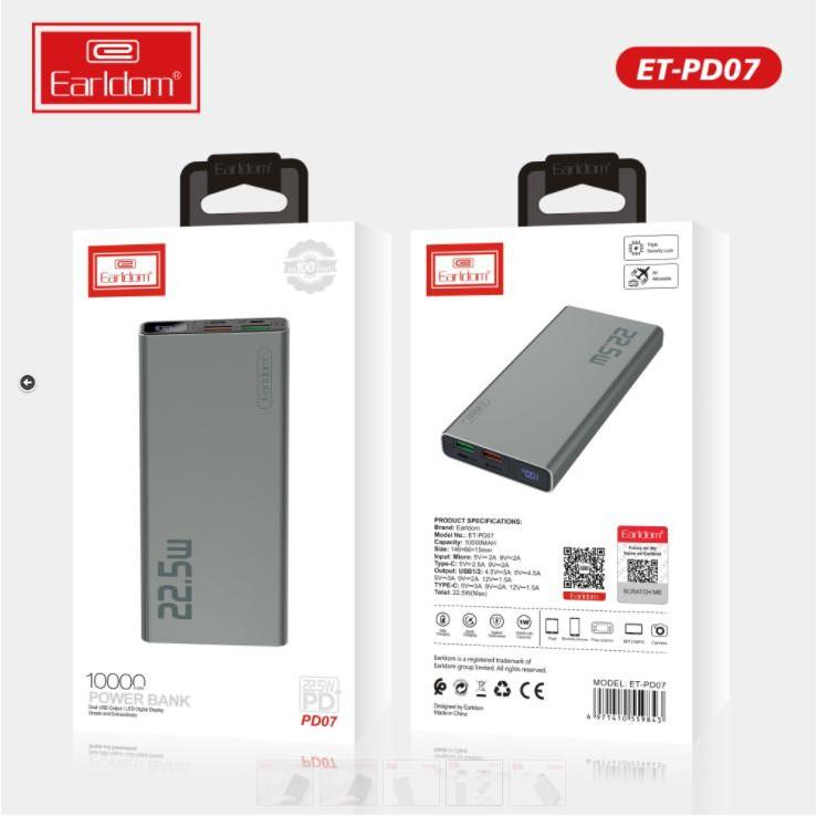 Sạc Dự Phòng 10.000mAh Earldom PD-07 Hỗ Trợ Công Nghệ Sạc Nhanh QC 3.0 Và Cổng Sạc PD, Tổng Công Suất 22.5W, Hàng Chính Hãng