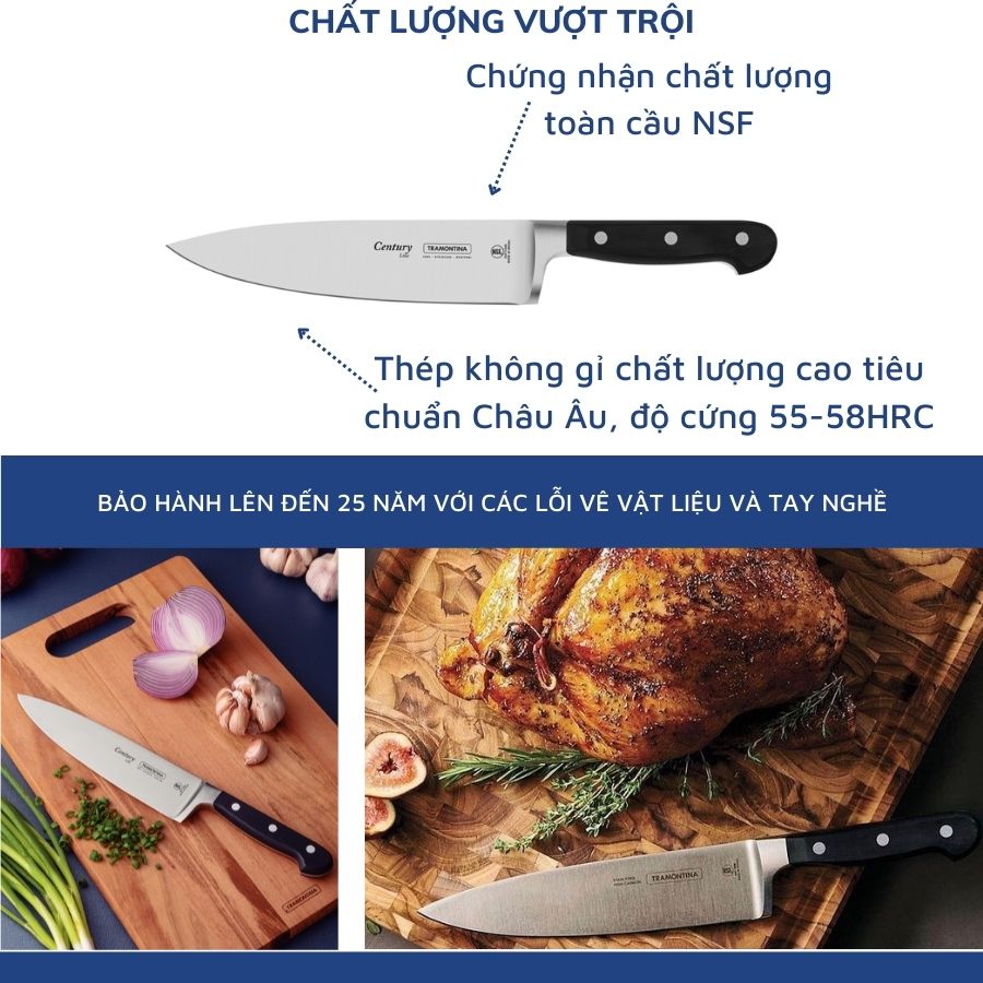 Combo 2 Dao Thép Rèn Nguyên Khối Cao Cấp Gồm 1 Dao Thái Thịt 20cm và 1 Dao Gọt Hoa Quả 10cm TRAMONTINA Century Sản Xuất Tại BRAZIL - Hàng Chính Hãng