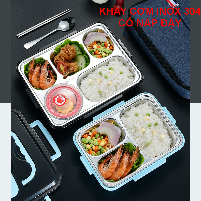 Khay Đựng Cơm Văn Phòng  Inox 304 5 Ngăn Có Nắp Đậy Tiện Dụng - Hâm Thức Ăn Trong 5p