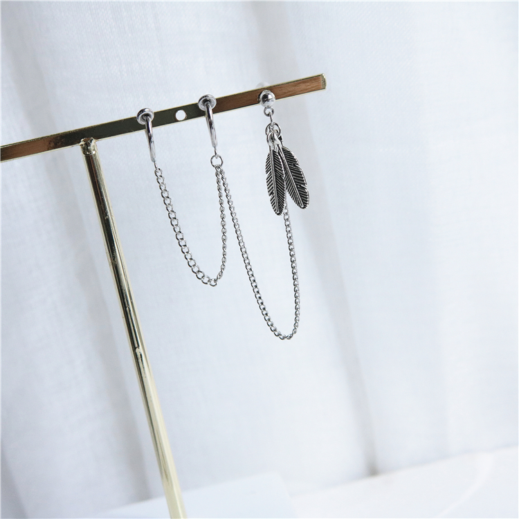 Khuyên tai bông tai sợi mắt xích mix hình lông vũ xỏ lỗ kết hợp cặp vành