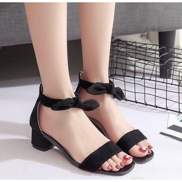 Giày sandal cao gót vuông 5cm quai ngang cổ nơ vải to