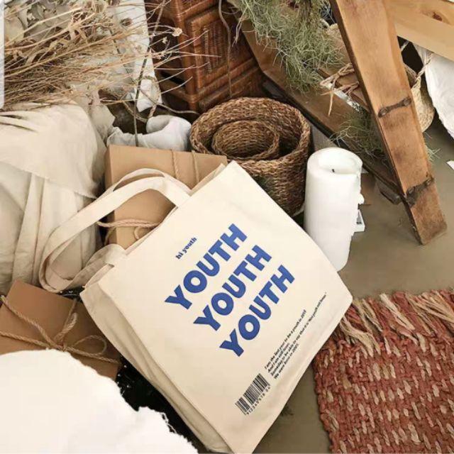 Túi tote chữ Youth vải Canvas dày dặn thời trang - Tặng dây buộc tóc hoa quả