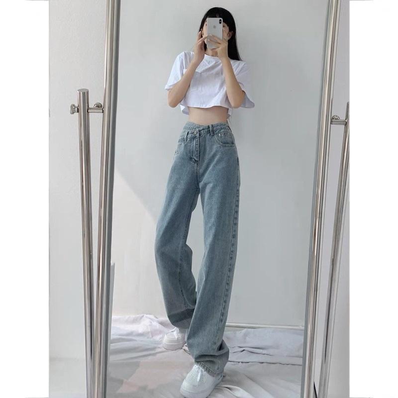 Quần Jeans Nữ Cạp Lệch Ống Rộng Cạp Cao