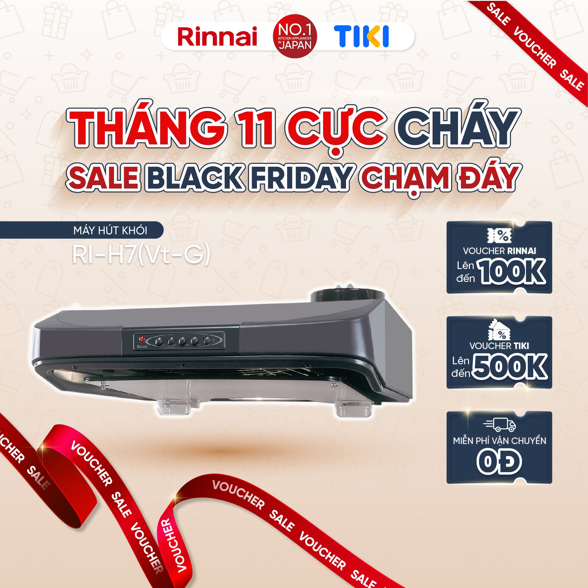 Máy hút mùi 70cm Rinnai RI-H7(Vt-G) ống thoát 161W - Hàng chính hãng.