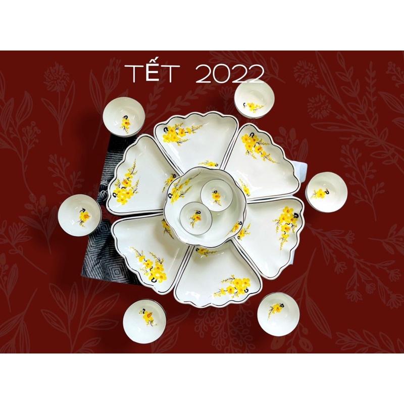 Bộ bát đĩa gốm sứ Bát Tràng hoa mặt trời 15 món