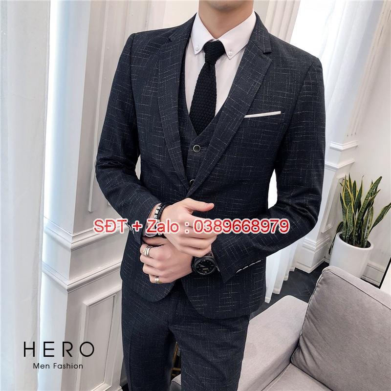 Bộ Vest Nam Cao Cấp Hàn Quốc màu kẻ đen, Bộ Suit Nam thanh niên chất vải sịn dáng ôm