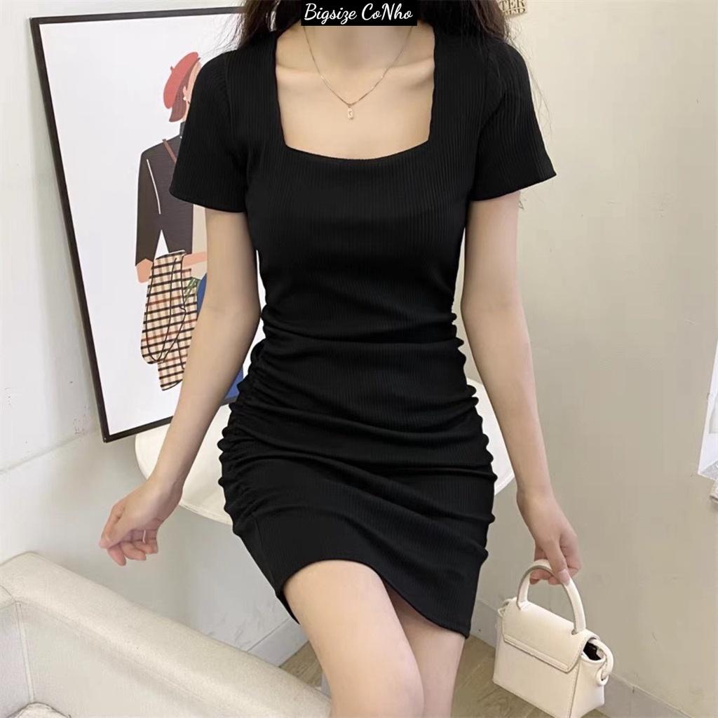 Váy đầm bigsize cổ vuông tay ngắn dáng dài ôm body chất gân tăm co giãn nữ từ 60-95kg G77