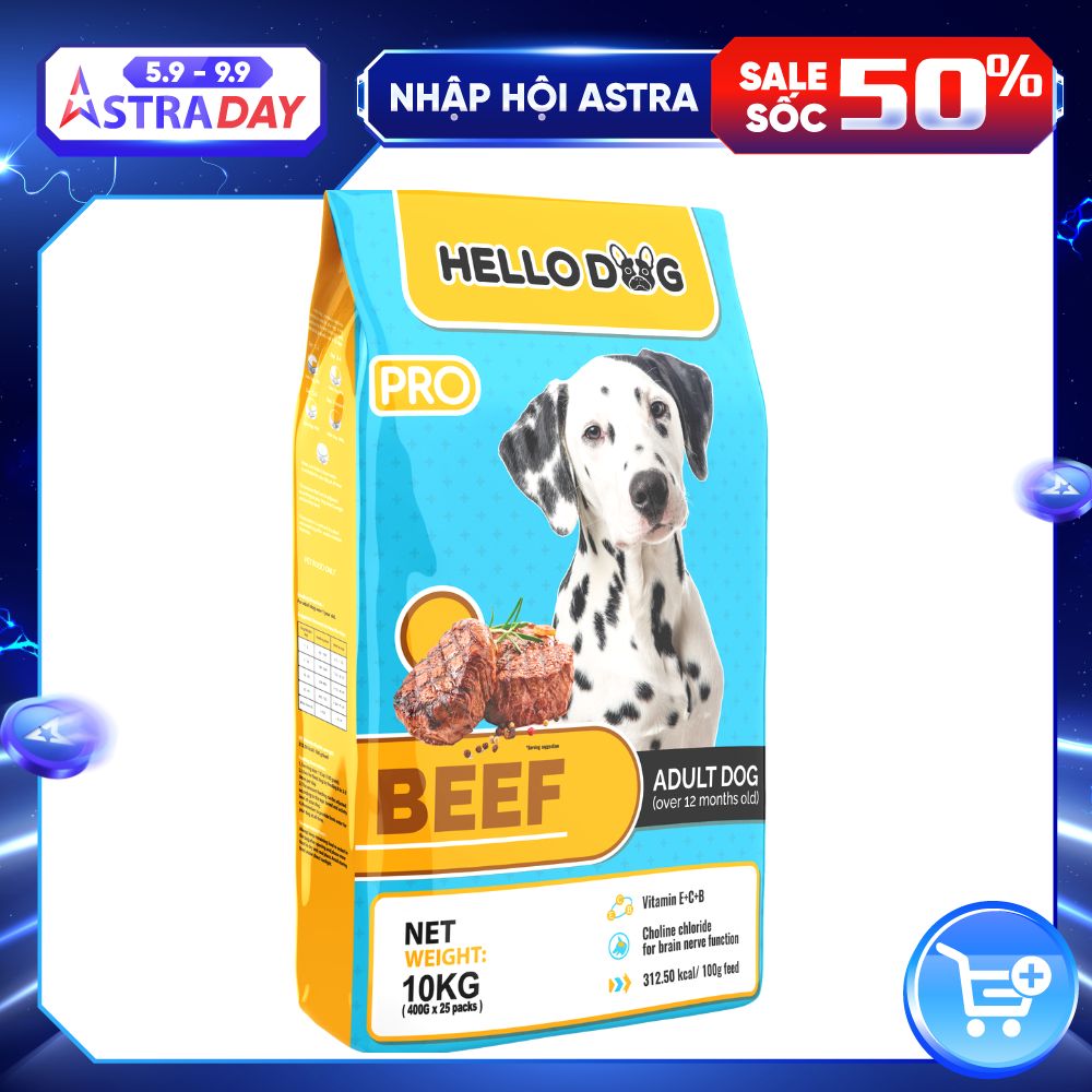 Thức Ăn Hạt Cho Chó Vị Bò Nướng - Hello Dog Beef 10KG (400G x 25Gói)