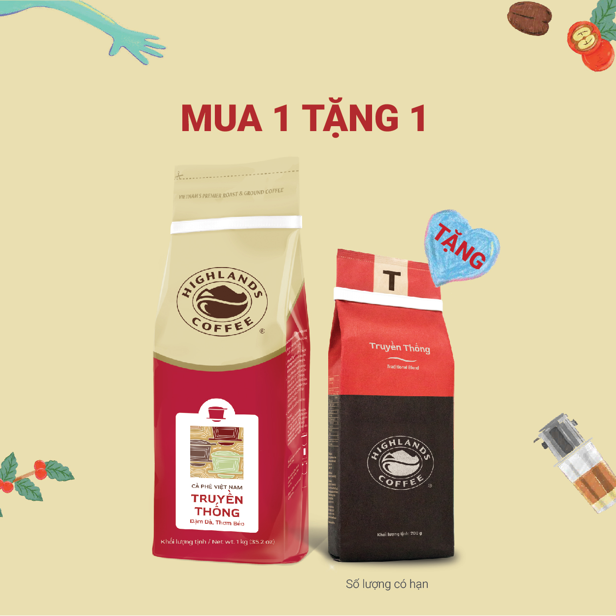 Combo Cà Phê Bột Truyền Thống Highlands Coffee 1kg và gói 200gr