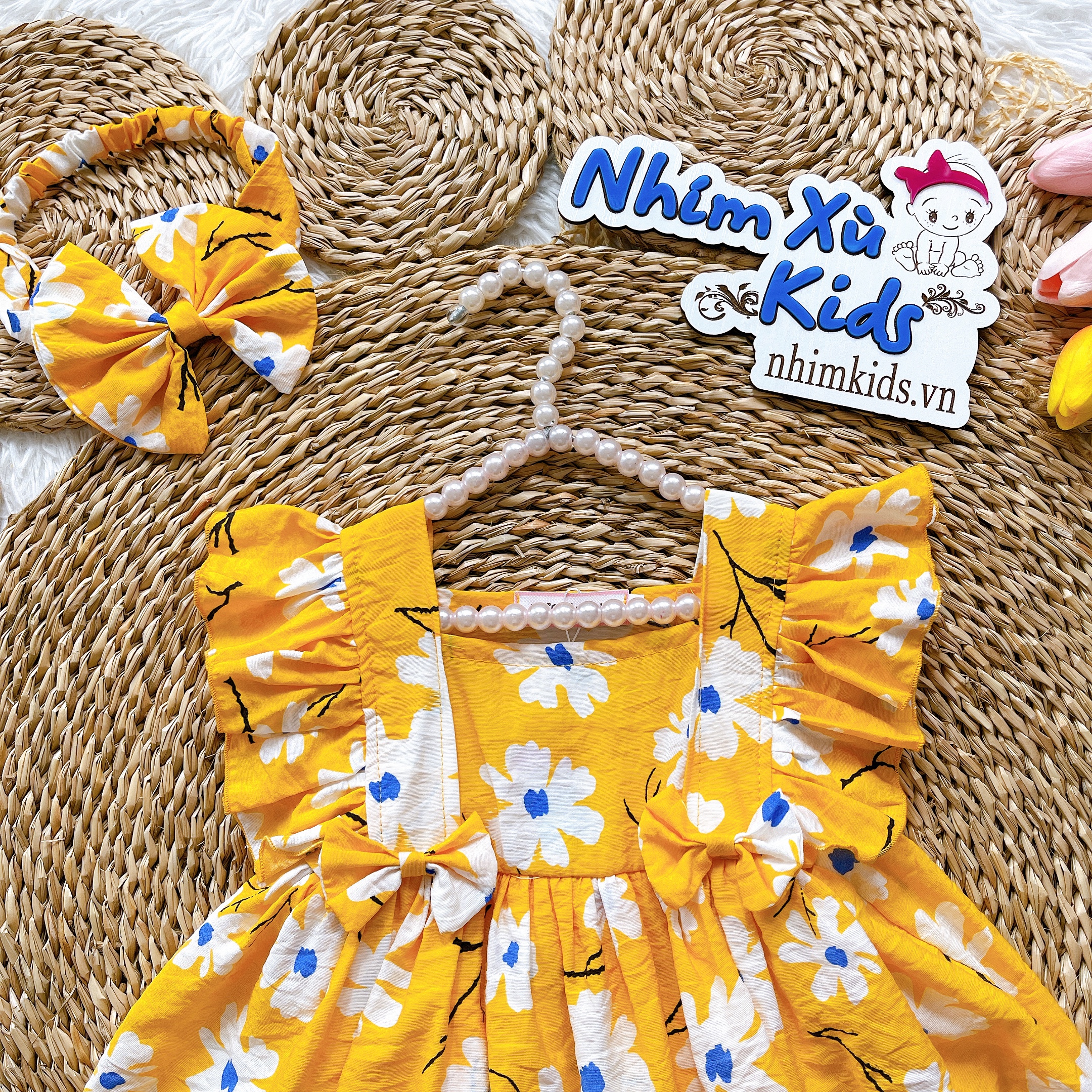 Body Váy Cánh Tiên Hoa Vàng Bé Gái Sơ Sinh Đến 12kg, Bodysuit Bé Gái Chất Đũi Tơ Siêu Mát