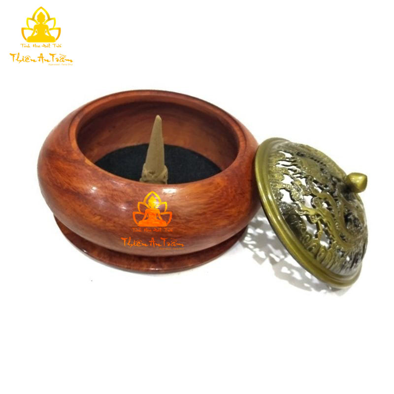 Lư Gỗ Xông Đốt Trầm Hương – Lư Gỗ Hương Xông Đốt Nhang Khoanh Trầm Hương, Nhang Nụ Trầm Hương - Lư Gỗ Hương Xông Đốt Trầm Hương Nắp Kim Loại Khắc Hoa Văn