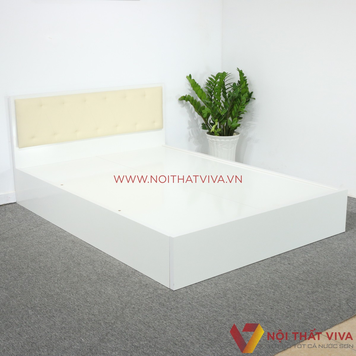 Giường Ngủ MDF Melamine Màu Trắng Có Đầu Nệm Kem Đẹp Giá Rẻ