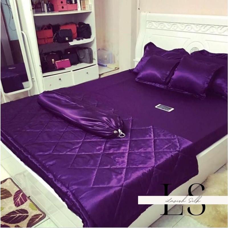 Trọn Bộ Chăn Ga Gối Phi Lụa Lavish Silk Cao Cấp Mát Lạnh Hàng Loại 1 Không Nối Vải -Tím Than