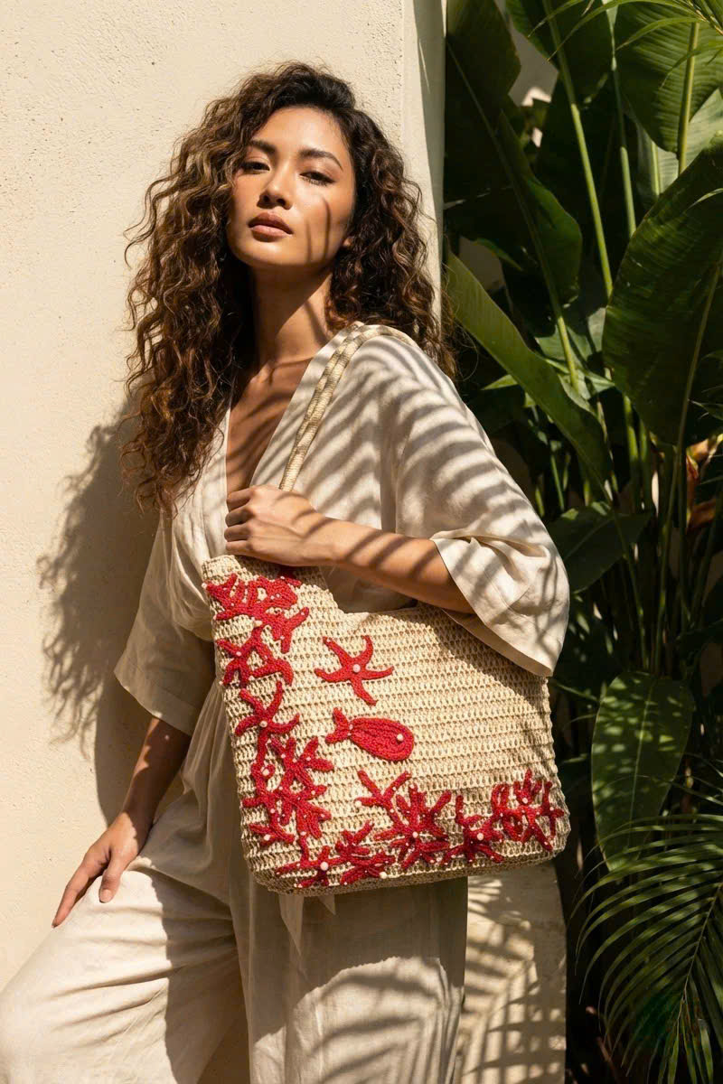 Giỏ Cói Tote Mềm Trang Trí Móc Len thời trang thiết kế Hity Acc018