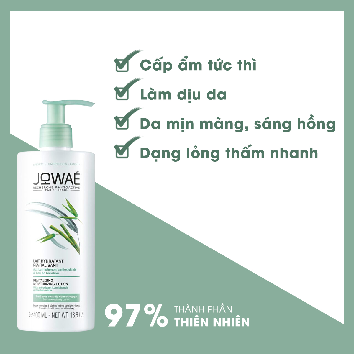 Sữa dưỡng thể sáng da cấp ẩm tức thì làm dịu sáng hồng da JOWAE 400ml Mỹ phẩm thiên nhiên nhập khẩu Pháp