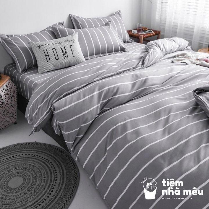 Bộ Chăn Ga Gối Cotton 3D m6/m8/2m - Full size Tiệm Nhà MêuSet 4 Món 2 Vỏ gối ,drap vỏ chăn Kẻ Xám Đơn Giản Nhập Khẩu