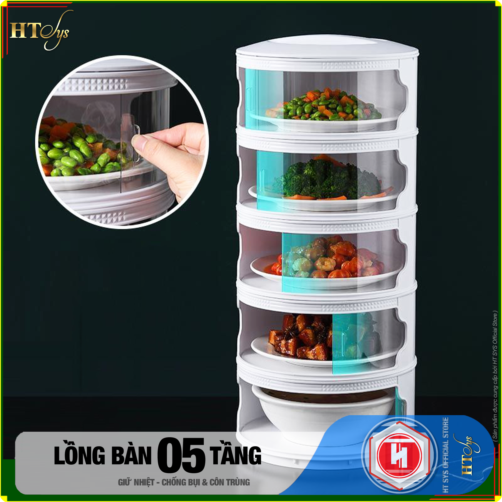 Lồng bàn giữ nhiệt đậy thức ăn 5 tầng HT SYS - Khay hộp đậy thức ăn - Giữ nhiệt - Chống bụi - Chống côn trùng - Chất liệu ABS+PET Cao Cấp - Hàng Nhập Khẩu